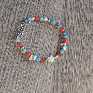 Red coral, white shell stars Turquoise natural stone Bracelet